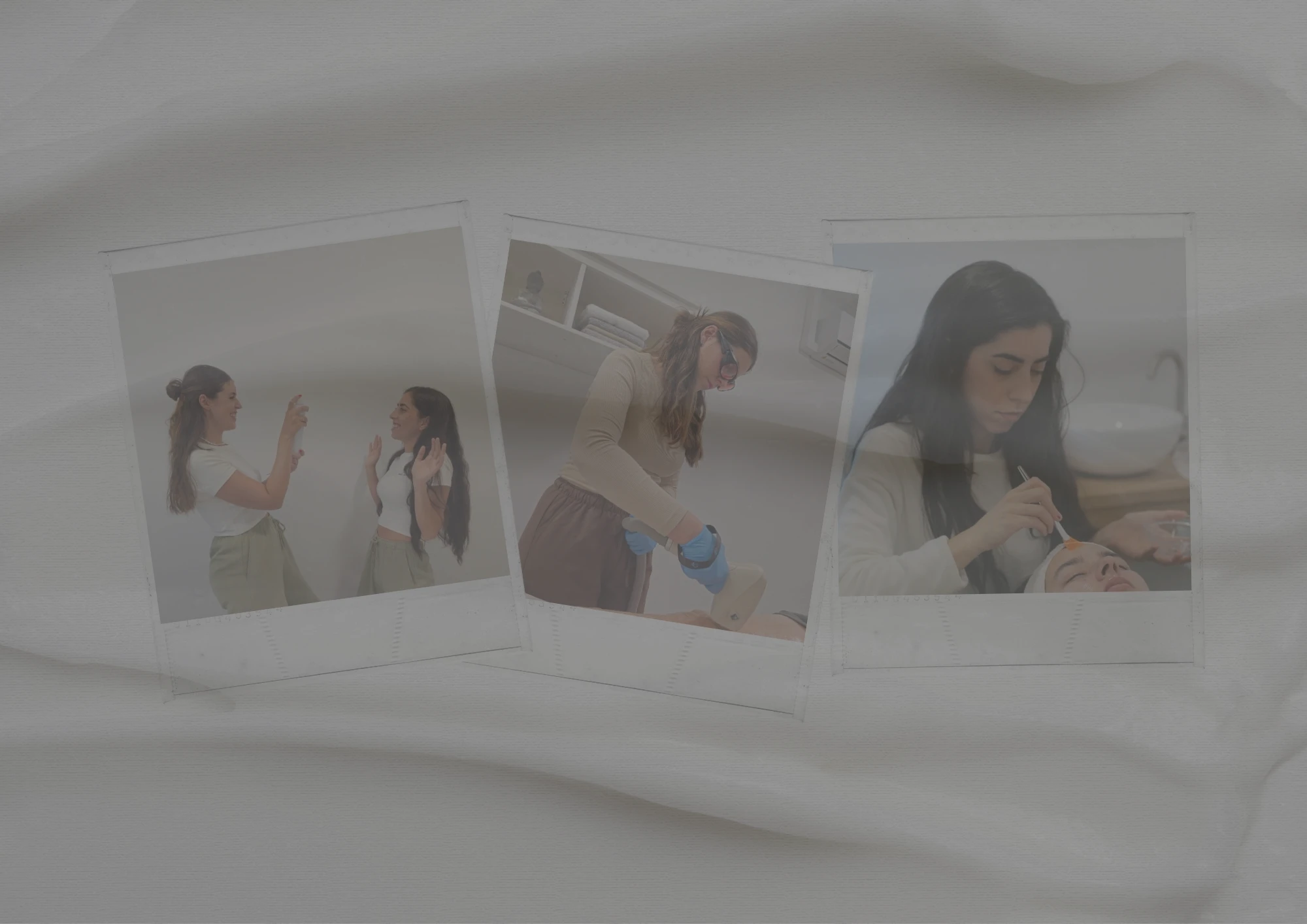 Composición gráfica con tres fotografías estilo Polaroid en las que aparecen varias integrantes del equipo de Mairo Estética Avanzada aplicando diferentes tratamientos estéticos